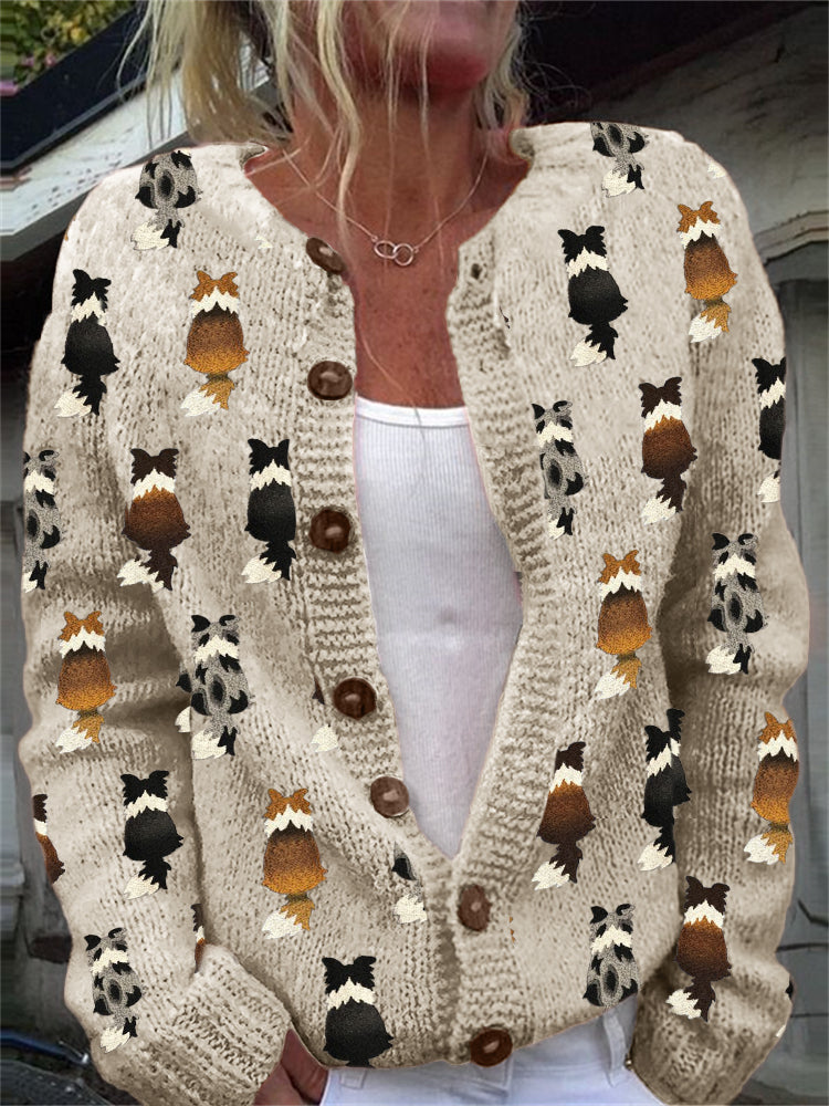 Comstylish Colorful Border Collie Embroidered Pattern Cozy Knit Cardigan