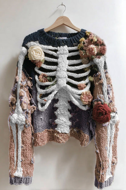 Comstylish Women's Vintage Skeleton And Rose Art Cozy Sweater