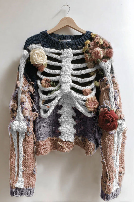 Comstylish Women's Vintage Skeleton And Rose Art Cozy Sweater