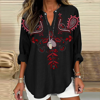 Women's Vintage Ethnic Kutch Embroidery With Flowers And Birds V-neck Shirt artswardrobe