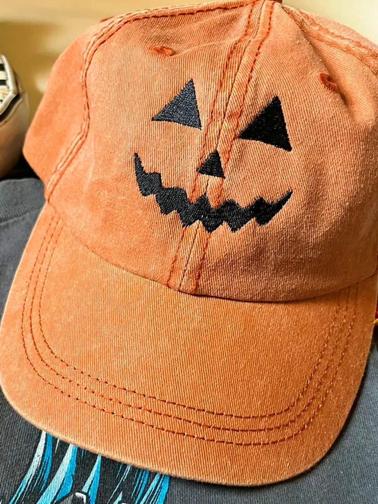 Halloween Pumpkin Face Washed Baseball Hat artswardrobe