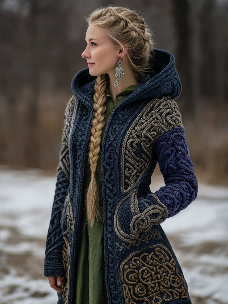 Women's Vintage Viking Celtic Knit Cozy Zipper Pocket Sweater Jacket artswardrobe