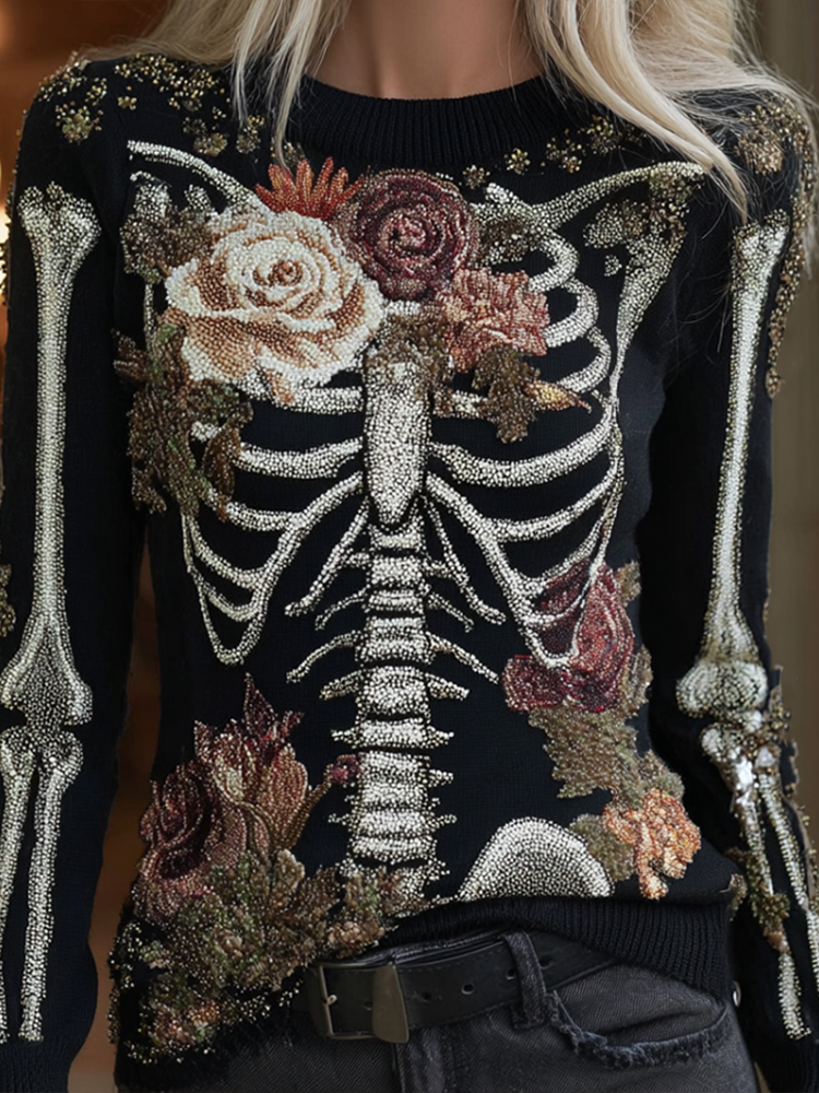 Halloween Skeleton And Plant Flower Pattern Combined Design Women's Knitted Sweater artswardrobe