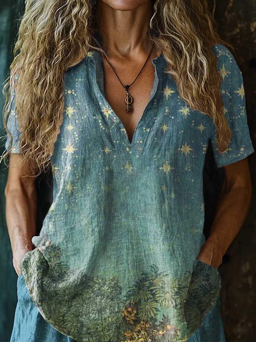 Women's Star Botanical Pattern Art Print Casual Short Sleeve Comfortab