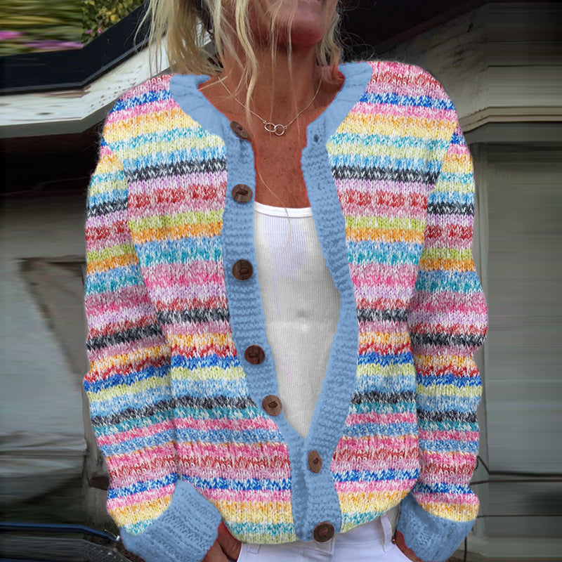 Classy Vintage Mohair Rainbow Stripe Jacquard Cozy Knit Cardigan artswardrobe