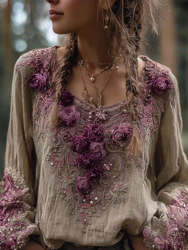 Comstylish Bohemian Style Round Neck Long Sleeve 3d Purple Flower Design Cotton And Linen Top For Women