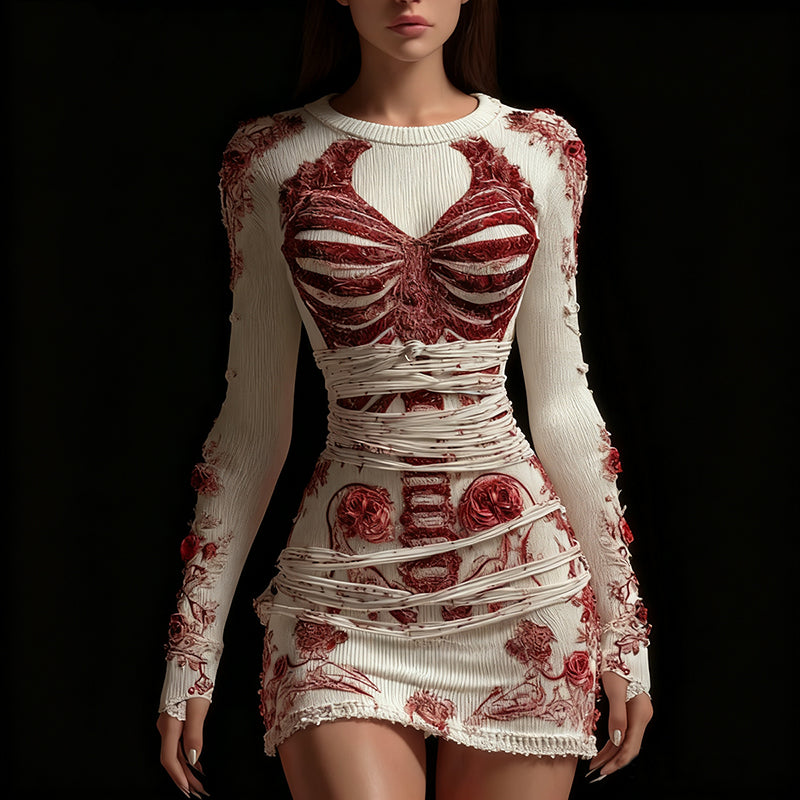 Vintage Skeleton Roses Art Crew Neck Sweater Dress artswardrobe