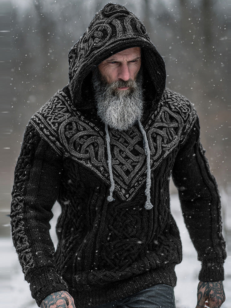 Men's Viking Tribal Jacquard Celtic Knotwork  Inspired Chunky Knit Hooded Sweater artswardrobe