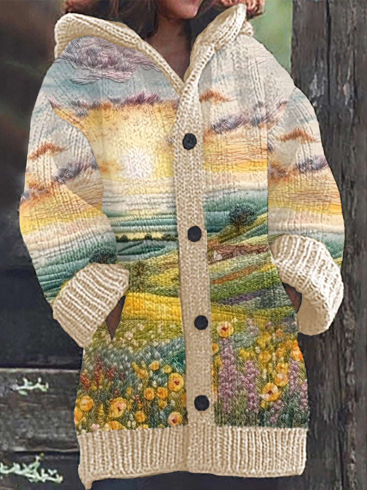 Embroidery Flower Landscape Art Painting Cozy Knit Hooded Cardigan artswardrobe