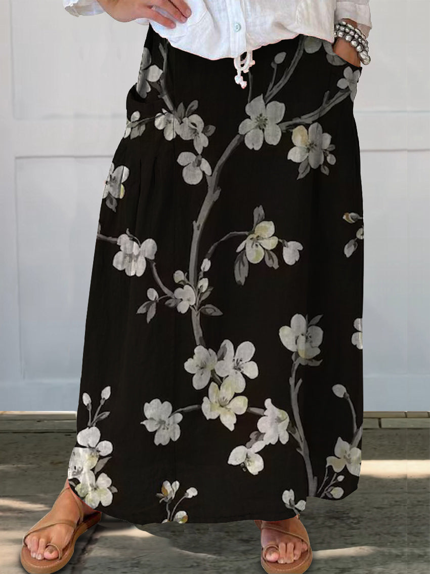 Women's Floral Linen Pocket Half Skirt