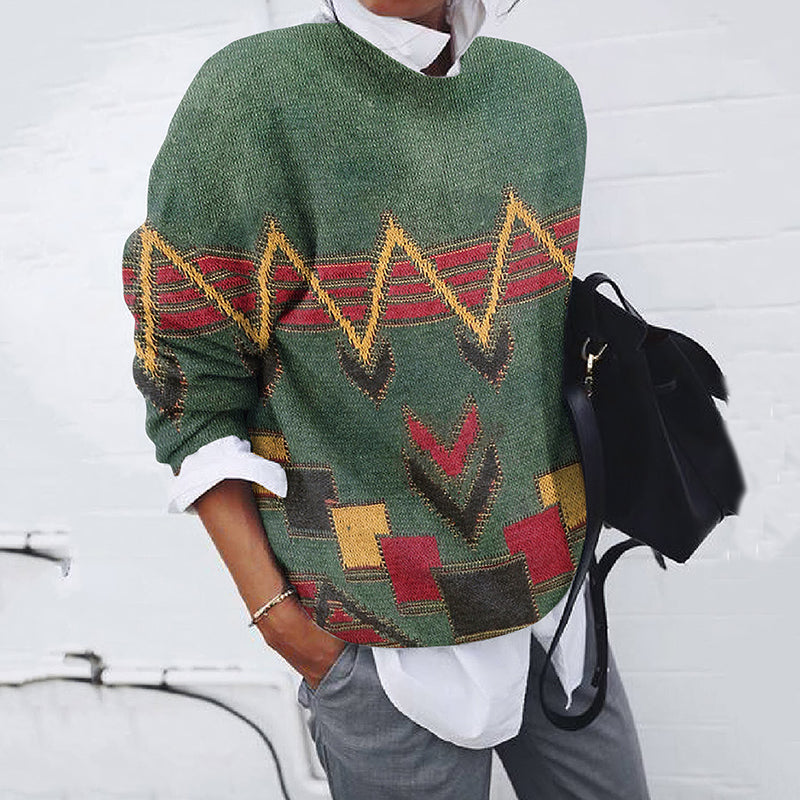 Vintage Contrasting Geometric Wave Pattern Women's Sweater elevenforest