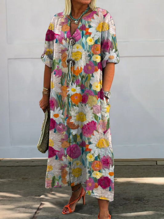 Women's Vintage Lovely Floral Art Print Pocket Cotton Dress
