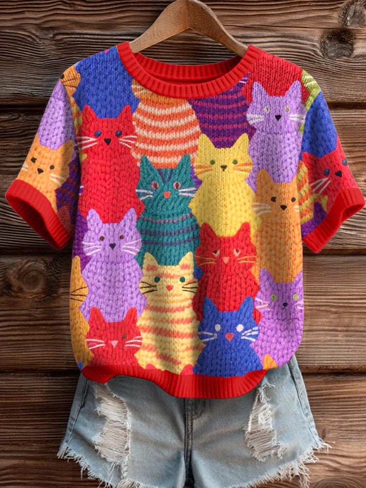 Women's Colorful Cats Pattern Cozy Knit Top artswardrobe