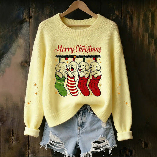 Women's Christmas Dog Print Cozy Knit Pullover Sweater artswardrobe