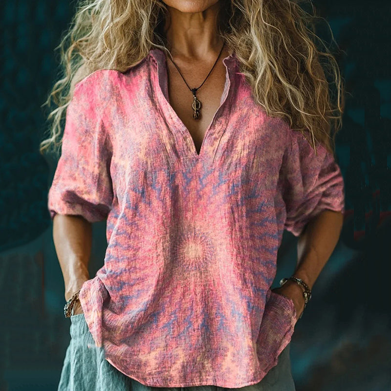 Comstylish Women's Retro Kaleidoscope Tie Dye Print Casual Linen V-neck Shirt