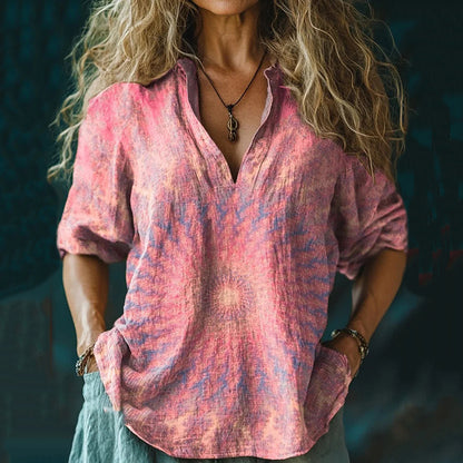 Comstylish Women's Retro Kaleidoscope Tie Dye Print Casual Linen V-neck Shirt