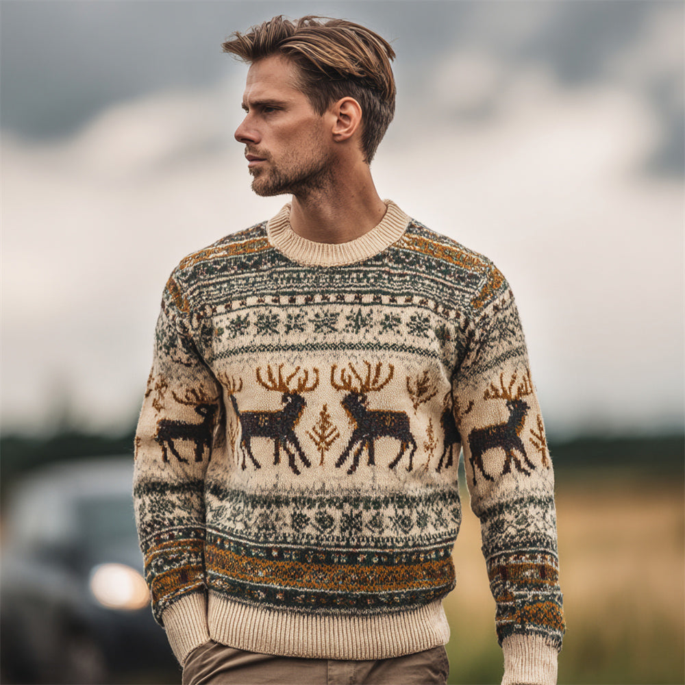 Vintage British Reindeer And Snowflake Design Men's Icelandic Sweater artswardrobe