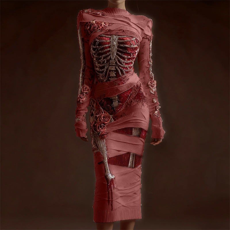 Classy Skeleton Anatomy Bloody Roses Bandages Maxi Sweater Dress artswardrobe