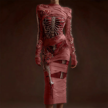 Classy Skeleton Anatomy Bloody Roses Bandages Maxi Sweater Dress artswardrobe