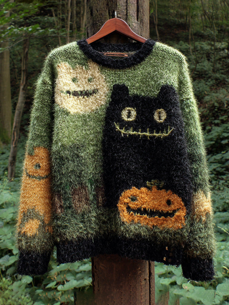 Women's Casual Vintage Halloween Black Cat Embroidered Sweater elevenforest