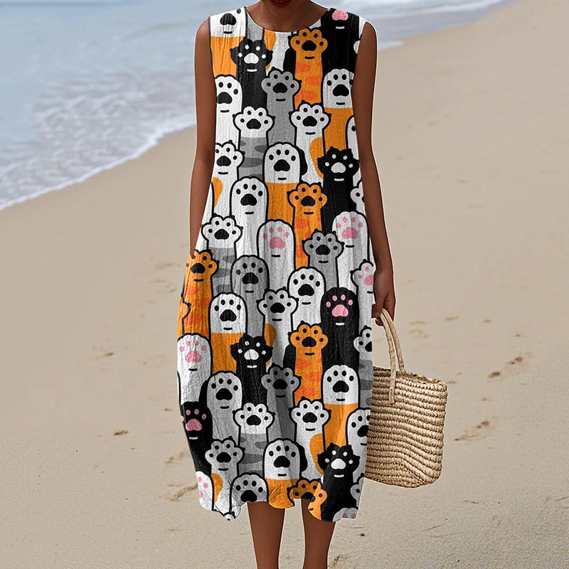 Women's Vintage Dog Art Print Cotton And Linen Dress artswardrobe