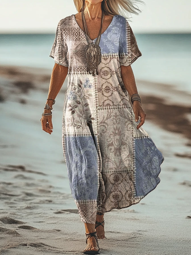 Women's Vintage Folk Floral Patchwork Art Print Short Sleeve Pocket Co