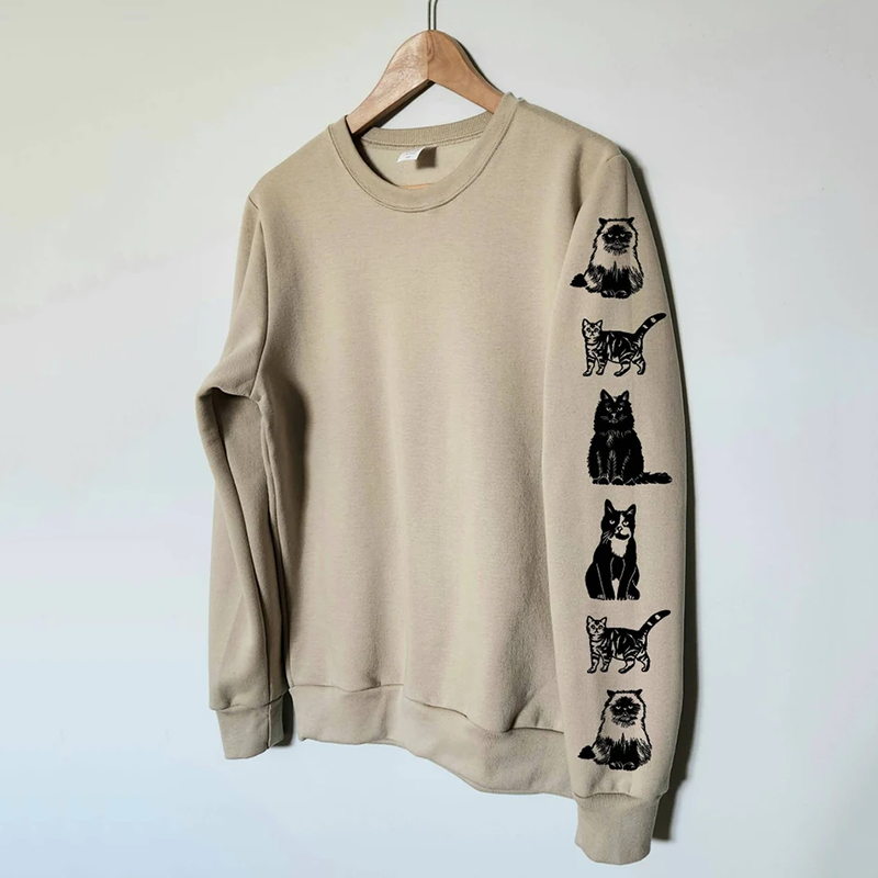 Cute Cat Sleeve Art Print Crew Neck Casual Sweatshirt elevenforest