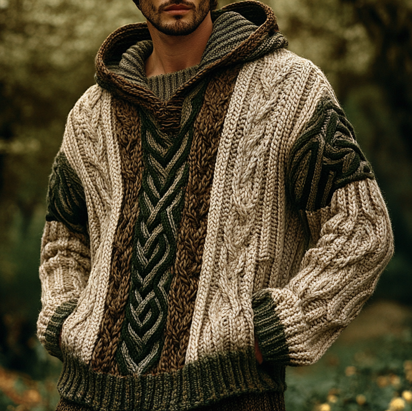 Men's Vintage Chunky Tricolor Jacquard Aran Sweater artswardrobe