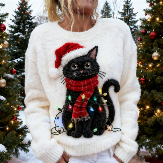 Christmas Lights Cat Women's Soft Plush Sweater