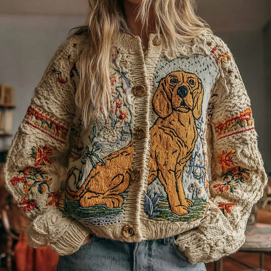 Women's Vintage Cute Dog And Floral Art Warm Knit Cardigan elevenforest