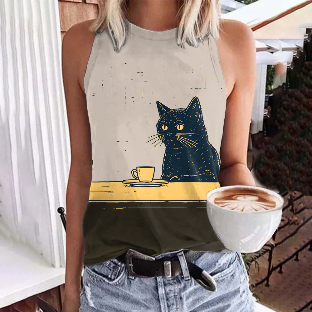 Abstract Creative Black Cat Chilling Coffee Painting Art Print Tank Top elevenforest