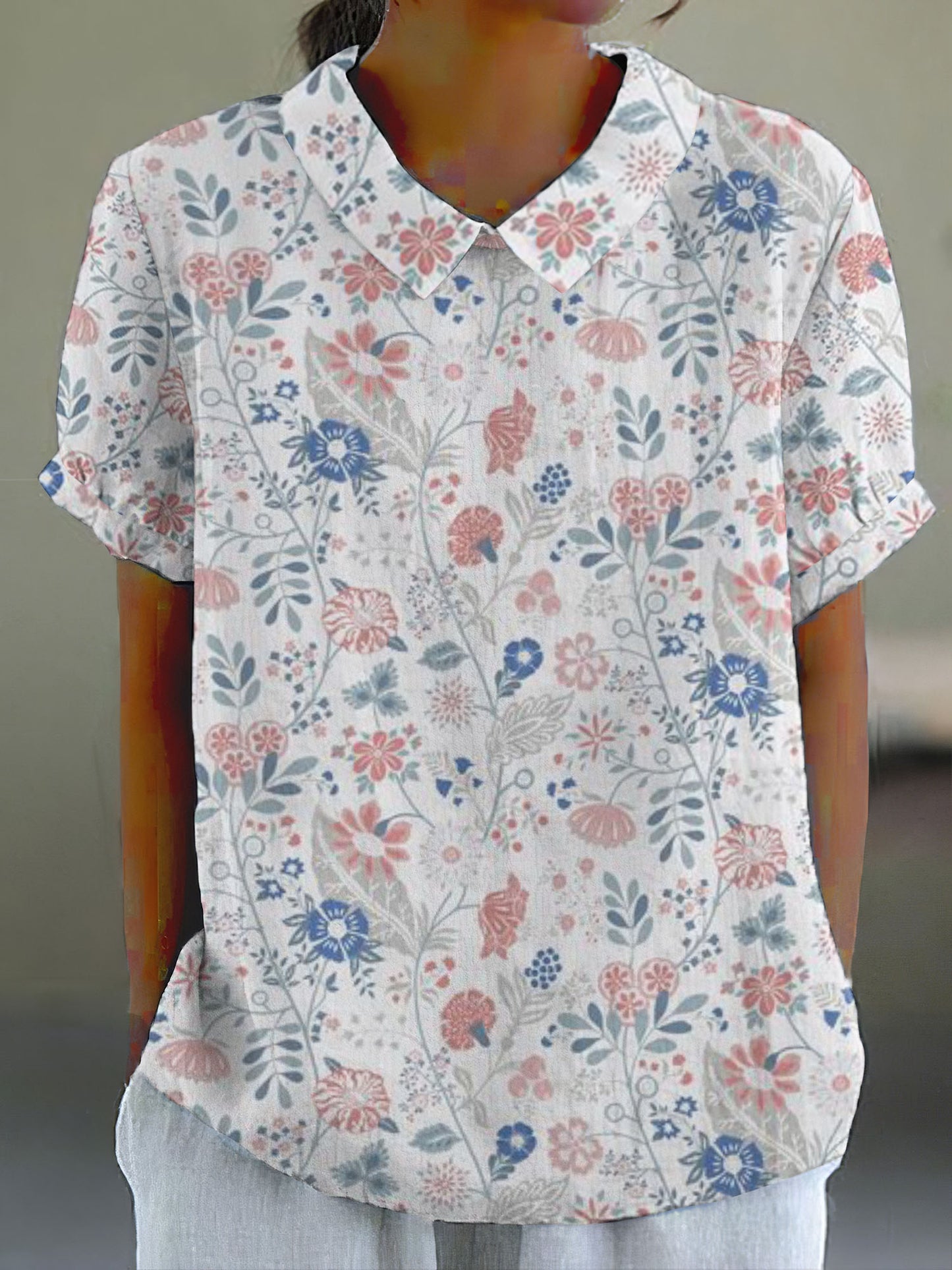 Comstylish Women's Pastoral Floral Art Print Casual Cotton Linen Shirt