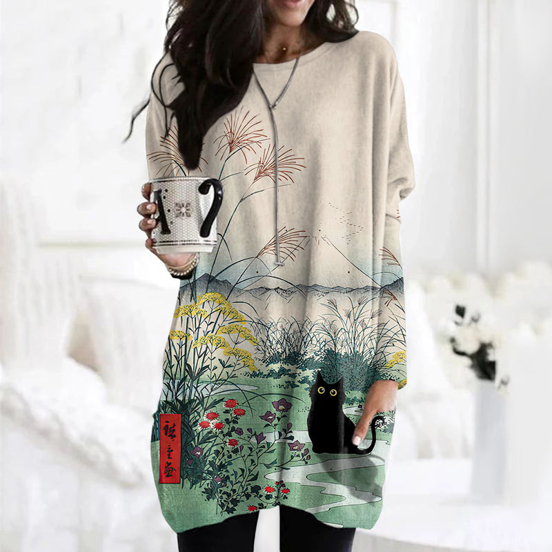 Flowers & Black Cat Art Casual Tunic elevenforest