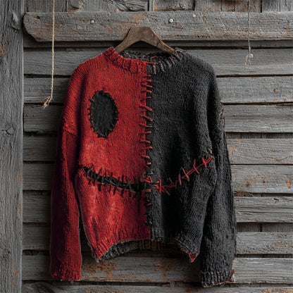 Halloween Spooky Face Contrast Stitched Cozy Knit Sweater artswardrobe