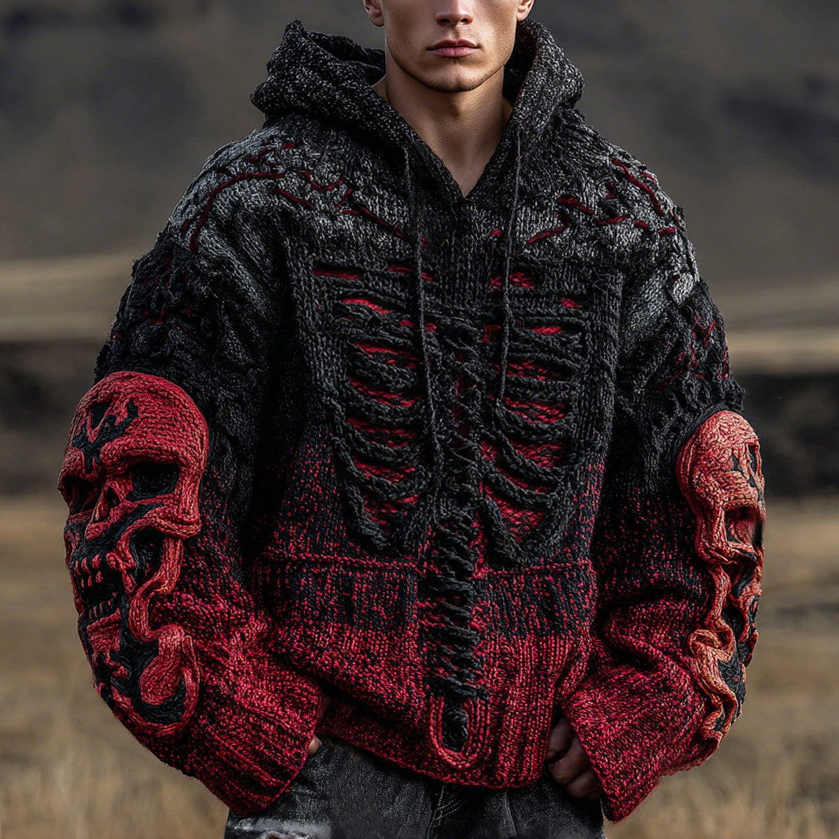 Halloween Death Skeleton Volcanic Lava Inspired Jacquard Knit Hooded Sweater artswardrobe