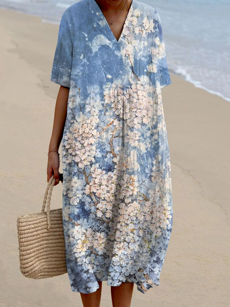 Women's Vintage Floral Art Print Flowy Midi Dress