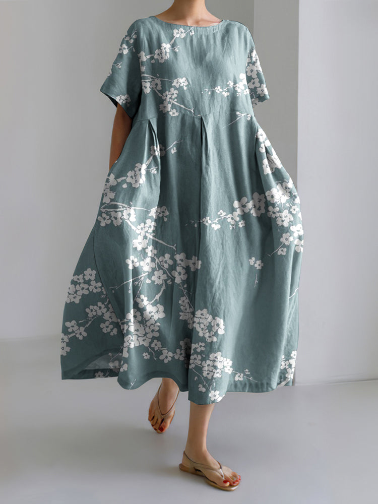Plum Blossom Japanese Art Linen Blend Maxi Dress