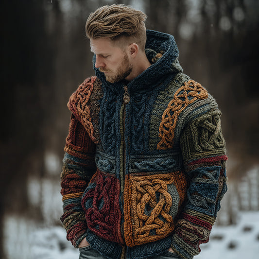 Men's Vintage Viking Celtic Knot Color Art Chunky Knit Hooded Zip-up Sweater artswardrobe