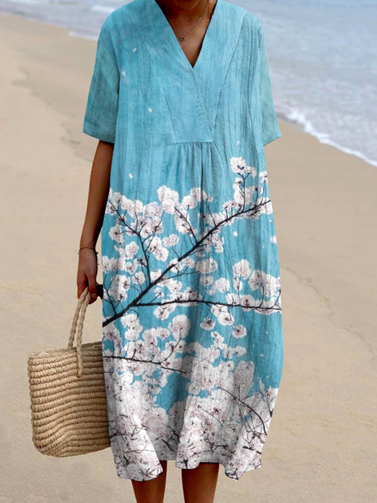 Vintage Sakura Japanese Art V-Neck Midi Dress