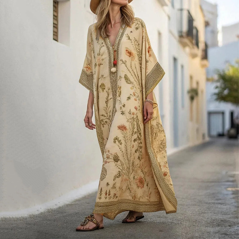 Long Sleeve Kaftan Linen Vacation Maxi Dress artswardrobe