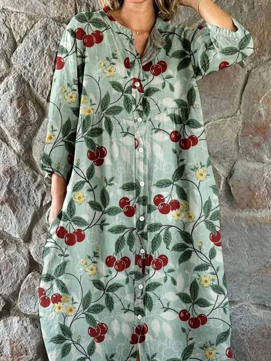 Women's Elegant Floral Pattern Cotton and Linen Dress