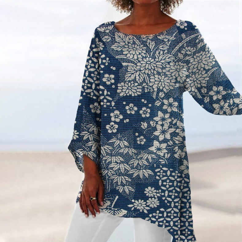 Comstylish Vintage Japanese Art Print Round Neck Loose Blouse