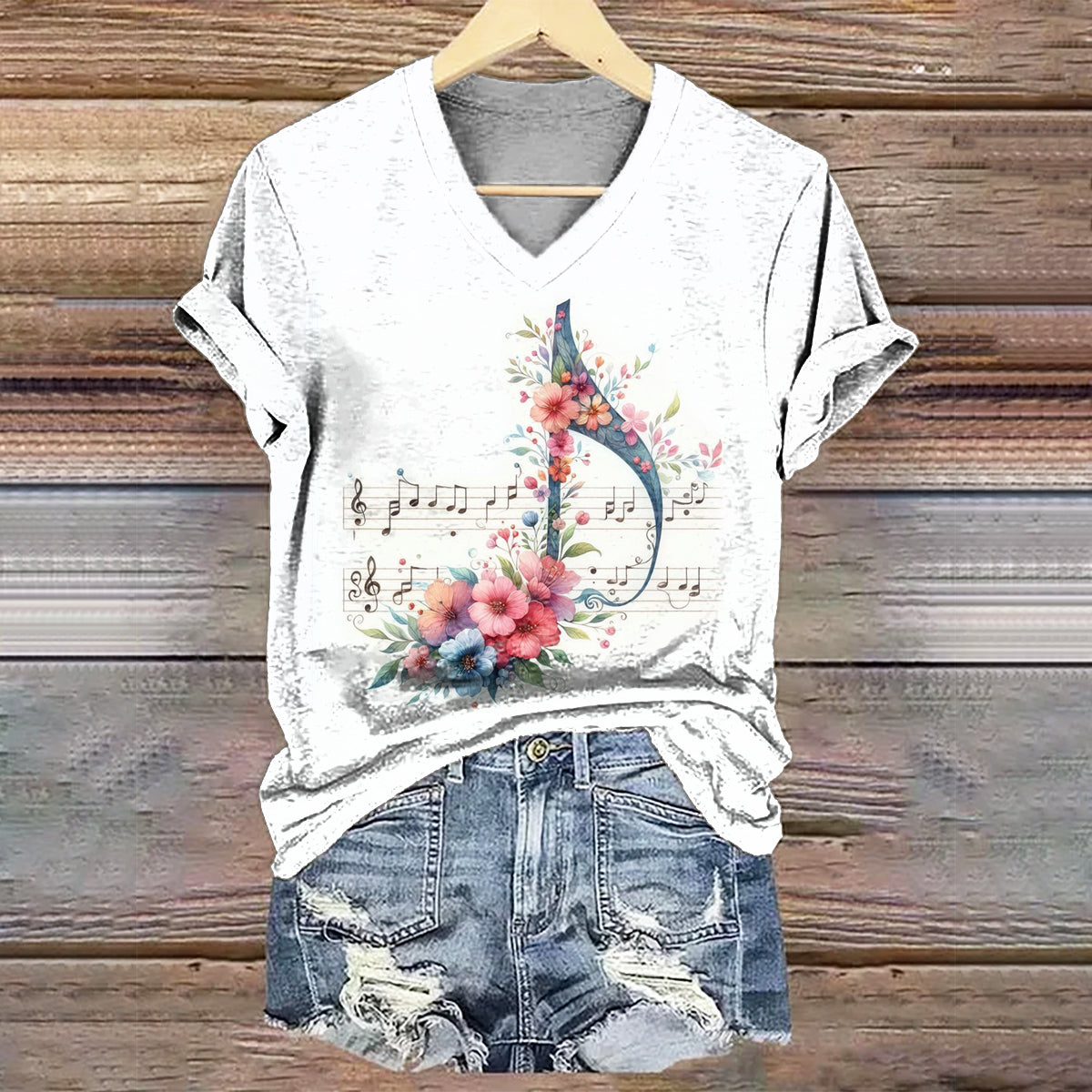 Women's Floral Notes Art Print V-Neck T-Shirt