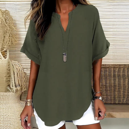 Comstylish Solid Color V-neck Short Sleeve Linen Blend Blouses