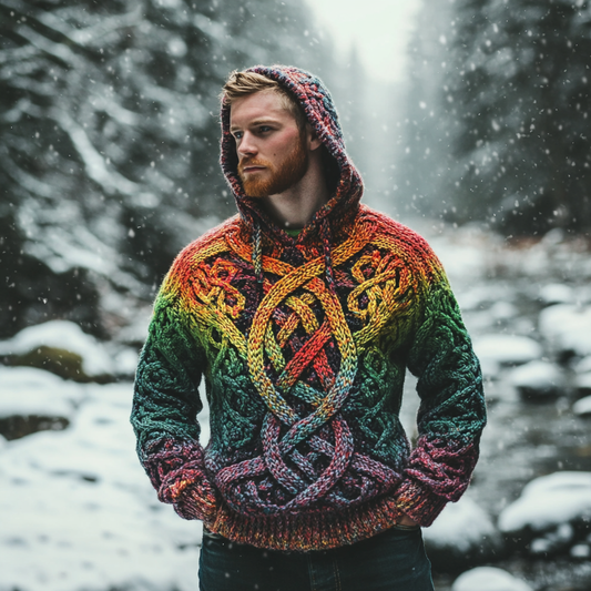 Men's Vintage Rainbow Irish Celtic Knot Jacquard Mottled Hooded Sweater elevenforest