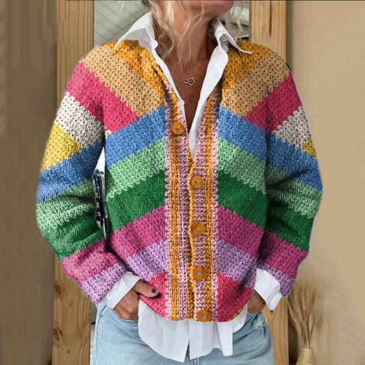 Vintage Striped Geometric Pattern Art Print Knitted Cardigan elevenforest