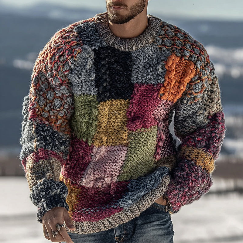 Men's Retro Geometric Color Block Knitted Warm Crew Neck Sweater elevenforest