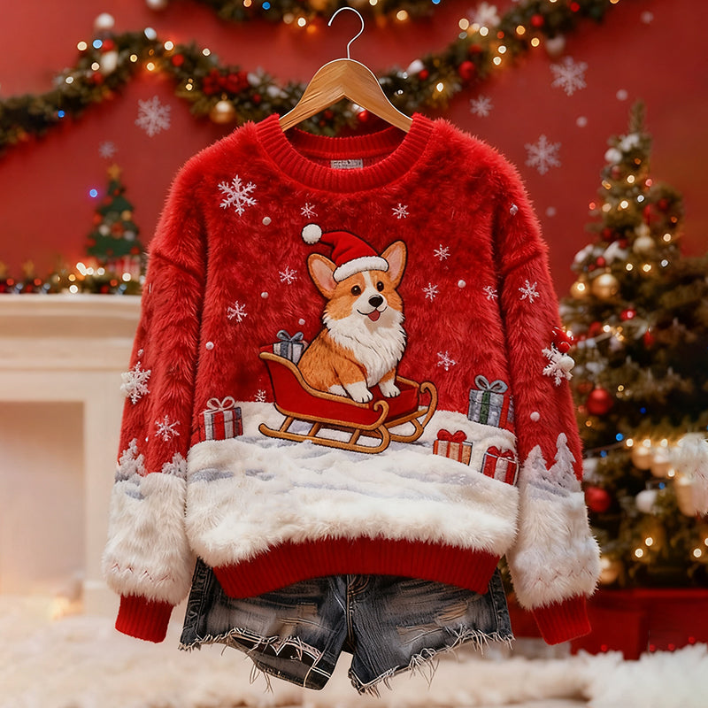 Comstylish Cute Christmas Puppy Pattern Warm Crew Neck Sweater