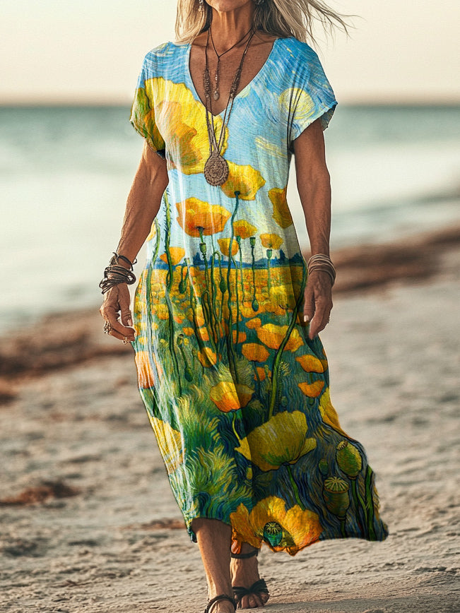 Women's Flower Sea Blue Sky Oil Painting Pattern Art Print Pocket Cott