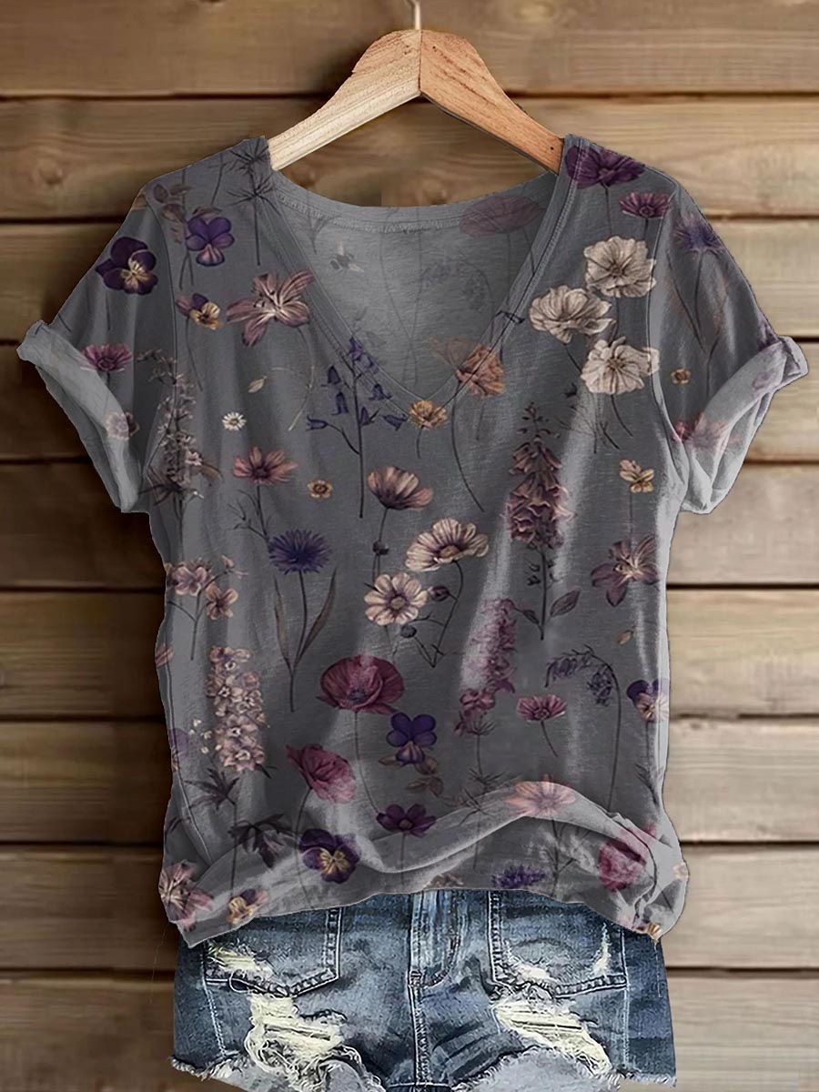 Women's Vintage Floral Art Print V-neck Casual T-Shirt